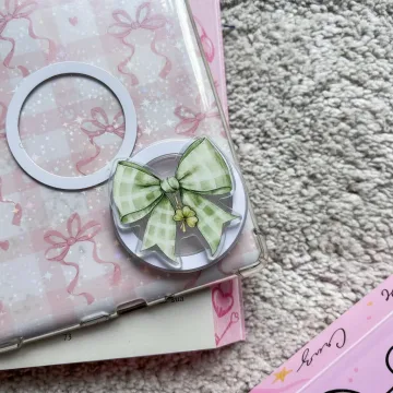 Green Gingham Bow Coquette Ribbon Magnetic Cute Trendy Phone Grip