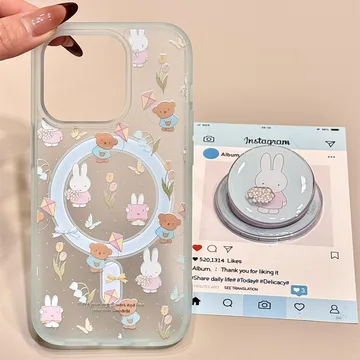 Kawaii Bunny Flower Bunny with Flowers Chibi Smiley Phone Grip
