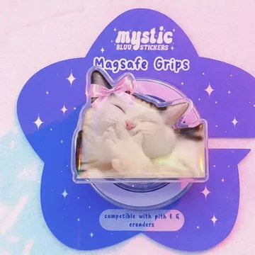 Blushing Cat with Pink Bow Coquette Ribbon MagSafe Phone Grip