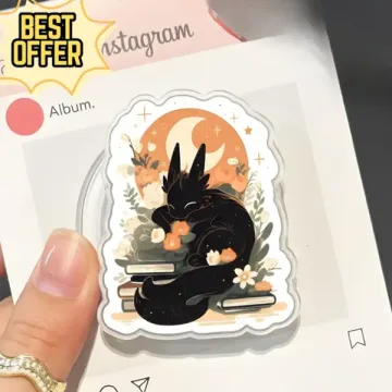 Black Cat with Books Cat Resting Kawaii Chibi Smiley Phone Grip