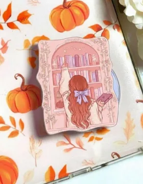 Book Lover Girl with Bookshelf Pastel Cozy Floral MagSafe Phone Grip