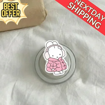 Pink Puffer Bunny Kawaii Winter Rabbit Chibi Smiley Phone Grip