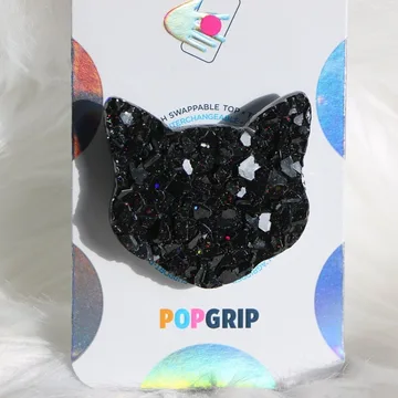 Holographic Black Cat Faux Druzy Crystal Kitten Kitty Phone Grip