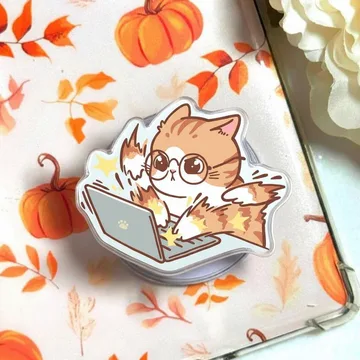 Cat Working on Laptop Kawaii Cat Lover Chibi Smiley Phone Grip