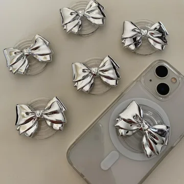 Silver Bow Chrome Ribbon Coquette Y2K Retro Checkerboard Phone Grip
