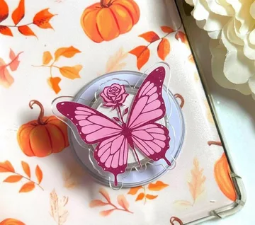 Pink Butterfly with Rose Detail Magnetic Cute Trendy Phone Grip