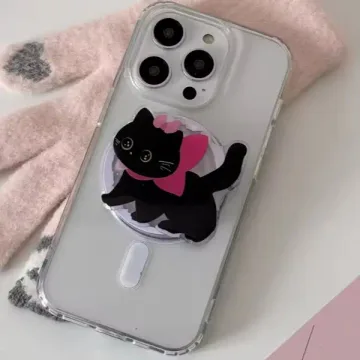 Black Cat with Pink Bow Coquette Ribbon Kitten Kitty Phone Grip