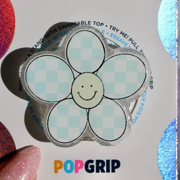 Checkerboard Blue Flower Glitter Kindle Bookish Book Lover Phone Grip