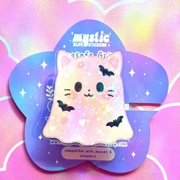 Ghost Cat Kawaii Ring Holographic Sparkle Chibi Smiley Phone Grip