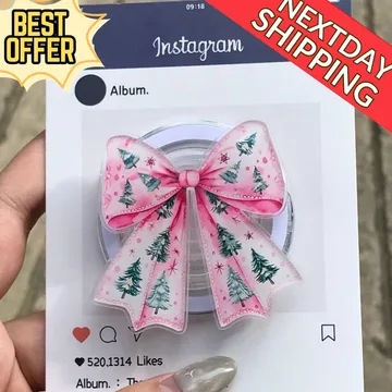 Pink Christmas Tree Bow Festive Holiday Coquette Ribbon Phone Grip