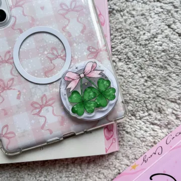 Lucky Clover with Pink Bow Ribbon Coquette Magnetic Phone Grip
