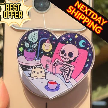 Skeleton Cat Reading Cozy Spooky Halloween MagSafe Phone Grip