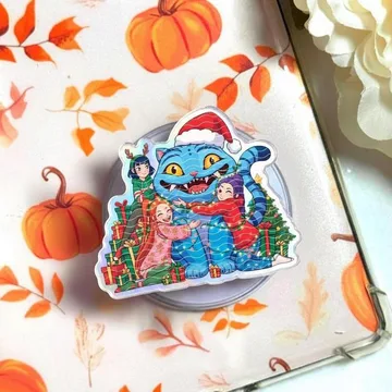 Whimsical Christmas Blue Cat with Kids Hugging Santa Phone Grip