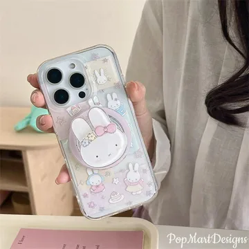 Kawaii Bunny with Pink Bow Coquette Ribbon Chibi Smiley Phone Grip