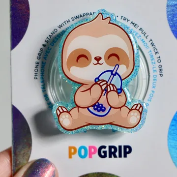 Boba Sloth Blue Glitter Kindle Bookish Book Lover Phone Grip
