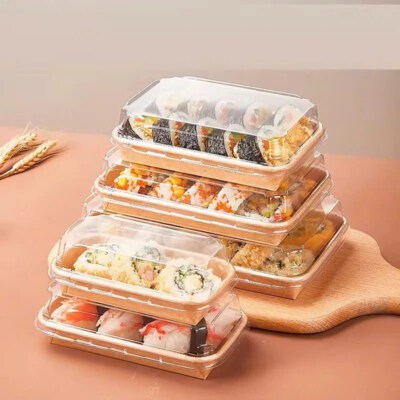 Hộp Khay Kimbap Giấy Với Nắp Trong Suốt (Sẵn Sàng Trưng Bày, Có Thể Chồng Lên, Mang Đi)