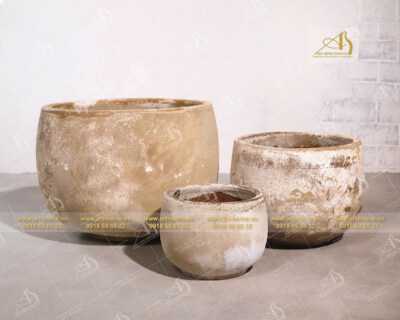 Bộ Chậu Hoa Gốm Sứ Cổ Màu Vàng Đậm
