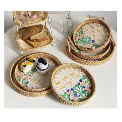 3-Piece Round Rattan Bowl Tray Set