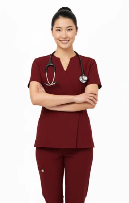 Side Snap V-Neck Scrub Top & Cargo Jogger Pants Set (Cotton-Spandex, 280gsm, Quick-Dry)