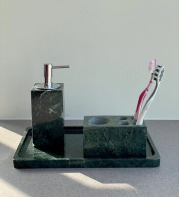 India Green Marble Bathroom Accessories Set (Brush Holder + Liquid Dispenser, Natural Marble, Vietnam Origin)