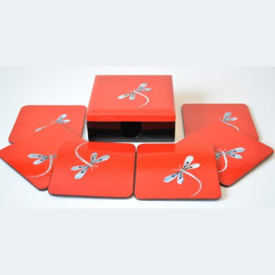 Lacquer Coaster Set (Red, Mother-Of-Pearl Inlay, CARB P2 MDF)