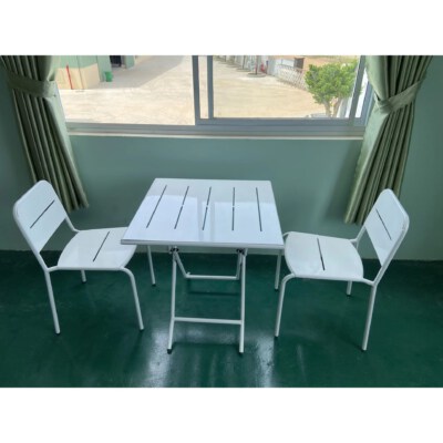 Modern 2-Seater Metal Bistro Table And Chair Set (Powder-Coated, Slatted Top, Weather-Resistant)