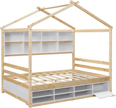 Solid Pine Wood House Bed Frame (Full-Size, Durable Slats, No Box Spring Needed)