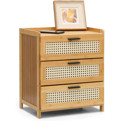 Bamboo & Rattan 3-Drawer Nightstand (Modern Rattan Pattern, Gloss Finish, Custom Logo)