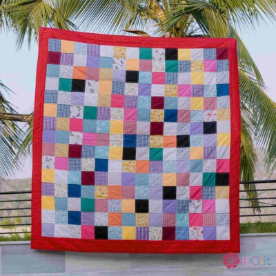 Purple Checkered Quilted Blanket With Red Border (Patchwork, Custom Size)