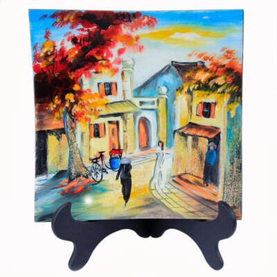 Đĩa sơn mài vuông 25×25 cm (Gỗ, Sơn mài, In trứng) 
