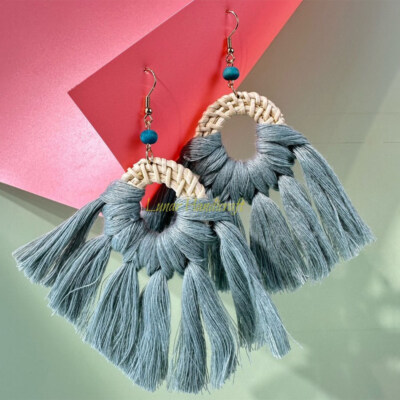 Boho Rattan Hoop Tassel Earrings