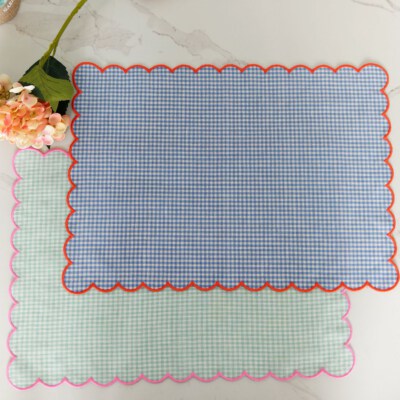 Linen Rectangle Placemat Napkin (OEKO-TEX Certified 100% Linen, Gingham Embroidery, Scallop Edge, Custom Logo, Reusable)