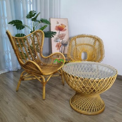 Livello 1960s Rattan Coffee Table (Natural Rattan, Handmade, D78×H52cm)