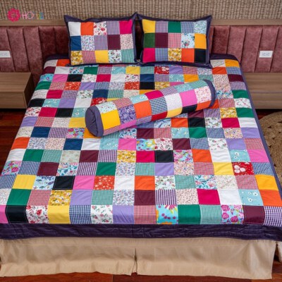 Purple Checkered Patchwork Quilted Blanket Set (100% Cotton, Polyester Batting, Custom Size)
