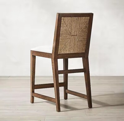 Solid Oak Wood Upholstered Dining Chair (Natural Seagrass Weaving, Modern Style)