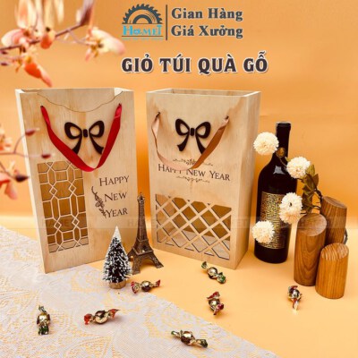 Premium Wooden Tet Gift Bag Box (Laser Engraved, Silk Handle)