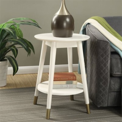 Wilson Round End Table (2-Tier Shelving, Gold-Dipped Legs, Solid Rubberwood/Birch Veneer/MDF)