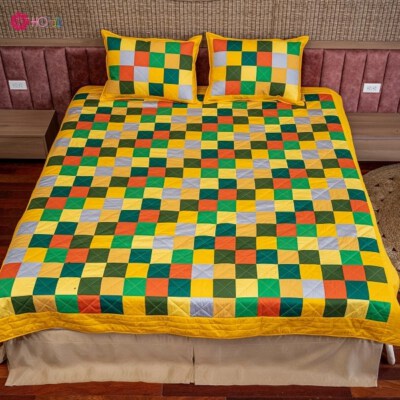 Yellow Flower And Green Grass Square Patchwork Quilted Blanket Set (100% Cotton, Diagonal Quilting)