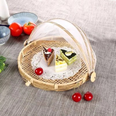 Round Bamboo Food Cover (Double-Layer Mesh Weave, Natural Color, Handwoven)