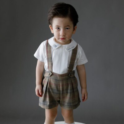 Edric Vintage Baby Boy 2-Piece Set (Khate Shirt, Cotton Overall, White-Brown Striped, OEM/ODM)