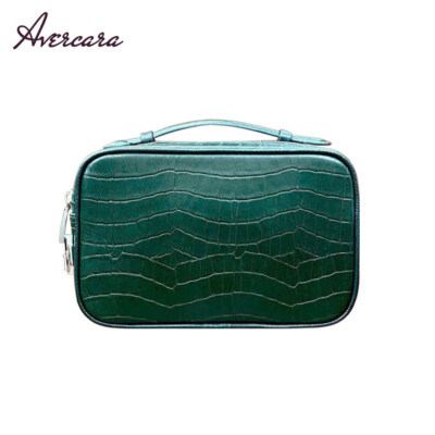 Leather Clutch B543 (Green, 2-Zip, Combination Lock, Croc-Embossed Cow Leather)