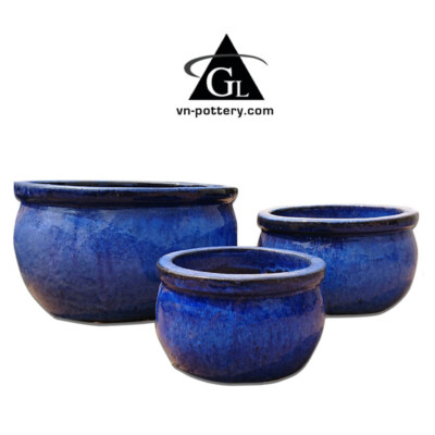 In-Stock Blue Round Glazed Stoneware Planter Set