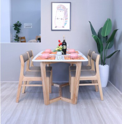 Q-Soho Dining Table Set (Rubber Wood, White Marble Top)