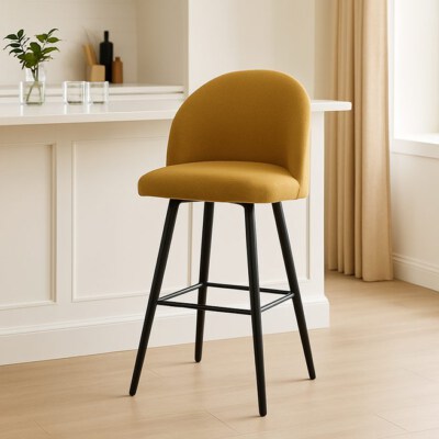 European Style Upholstered Bar Stool (Fabric Seat, Foam Padding, Electroplated Steel Legs, Stainless Steel Base, Eco-Friendly)