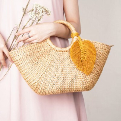 Handwoven Water Hyacinth Beach Clutch With Cotton Lining