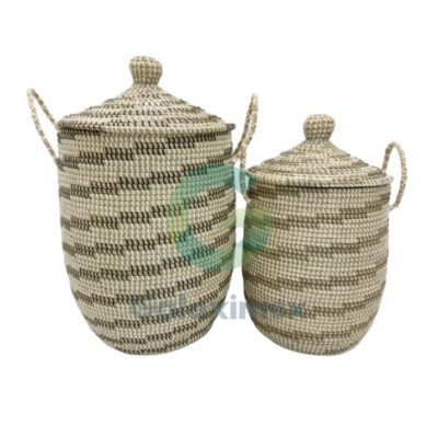Seagrass Hamper Basket With Lid (Black/White Or Grey/White, Handwoven, Custom Size/Color)