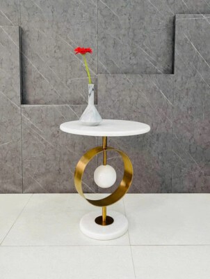 Crystal White Marble Side Table (ST26, Marble + Stainless Steel, Bulk Production)