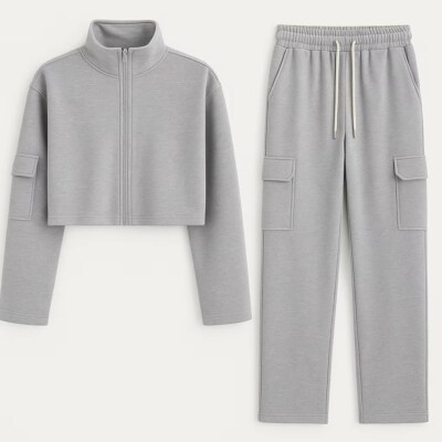 Women’S Custom Stand-Collar Zip Crop Hoodie Set (French Terry 50/50 Cotton-Poly, 300gsm, OEM/ODM)