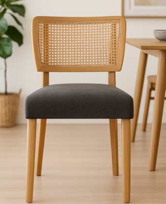 Nordic Rattan Back Dining Chair (Rubber Wood Frame, Rattan Cane Backrest, PU Leather Seat, Foam Cushion, Eco-Friendly)