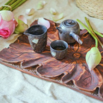 Lotus Leaf Carved Wooden Tray (Hand-Carved, Recycled Wood)